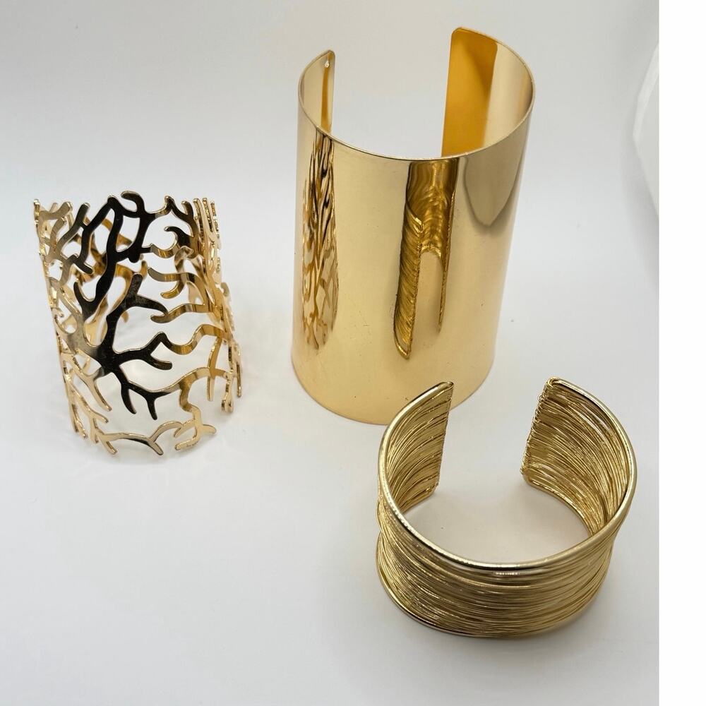 Gold Tone Statement Cuff Bracelet Set | 3 Piece Fashion Stack